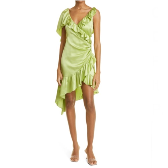 Cinq á Sept Silk Dress Green V-Neck Wrap Midi Asymmetrical Hem Size 8 NWT $545 - Picture 12 of 13